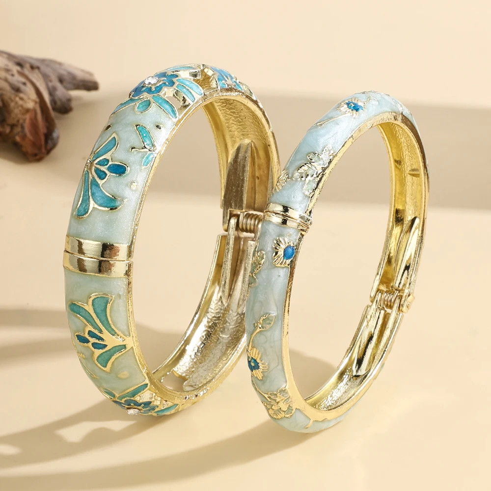 2 PCS Enameled Bracelets For Women Vintage Hollowed Small Flower Cloisonne