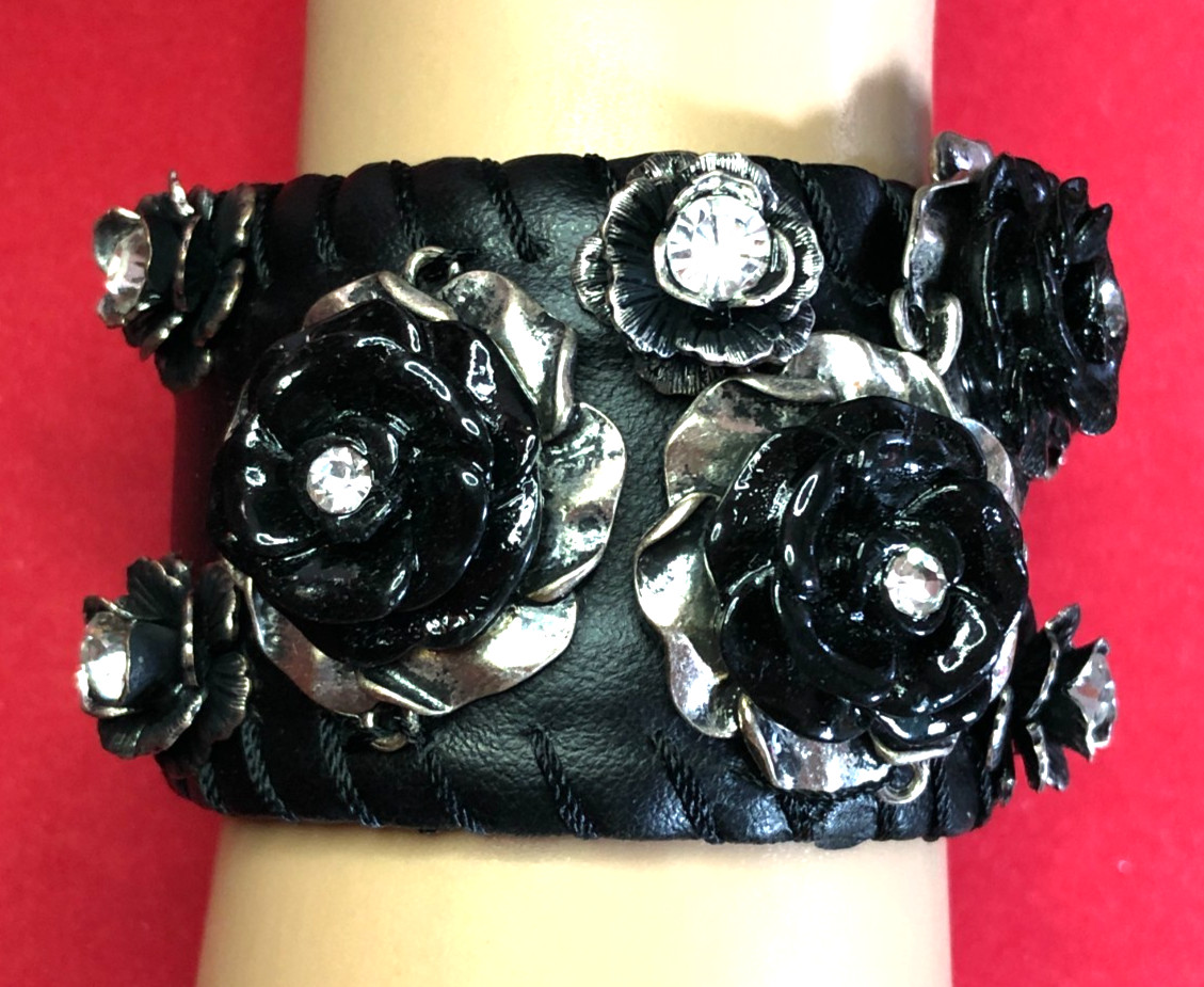 Rose Flower Bracelet Black Enamel PU Leather Silver Crystal Rhinestone Adj 8215