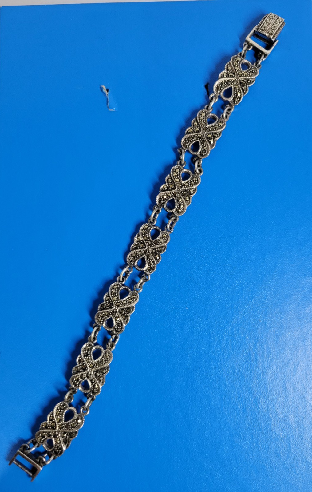 Vintage Sterling Silver Marcasite Link Bracelet With Figure 8 and Hearts NWT