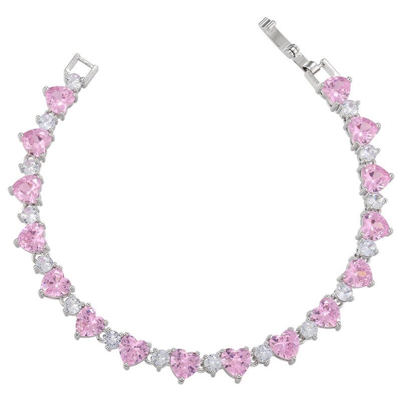 Pink Heart Cut Moissanite Tennis Bracelet Silver Tone Women’s Romantic Jewelry
