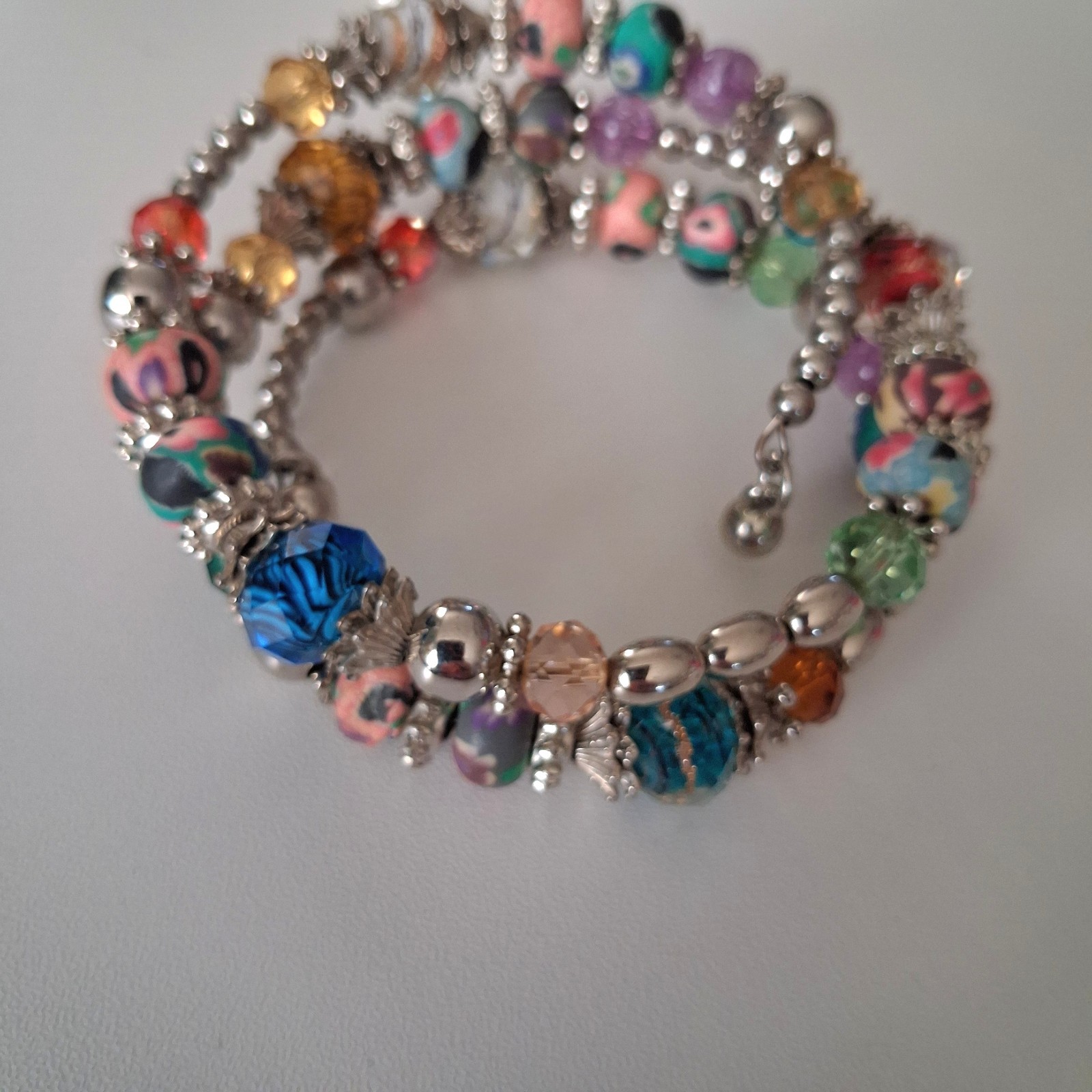 Bracelet Boho Silver Beads Multicolor Stretch Crystal Blue Green Red Yellow