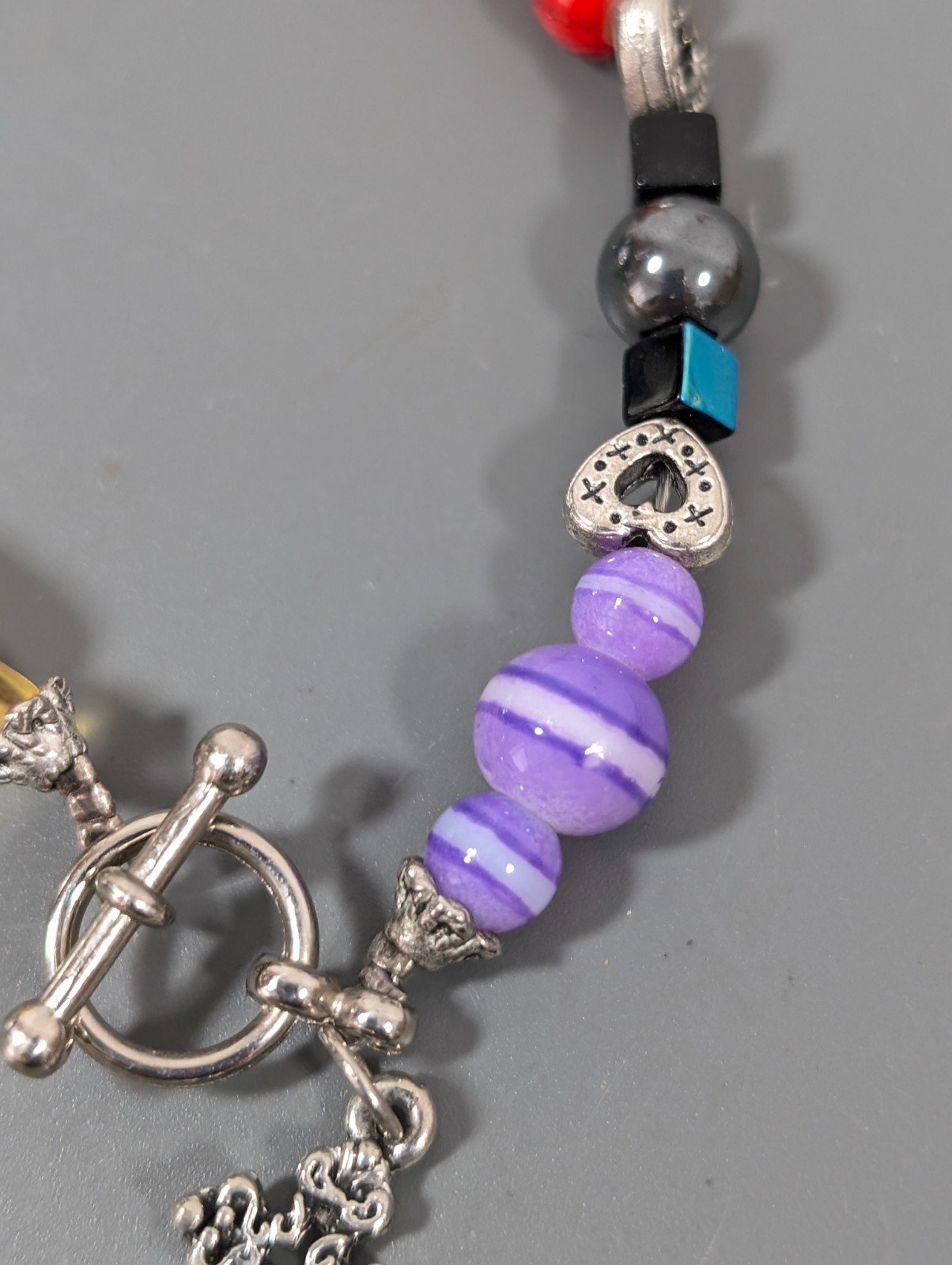 Multi Color Glass Bead Cross Charm Toggle Bracelet Silver Tone 6.5 inch