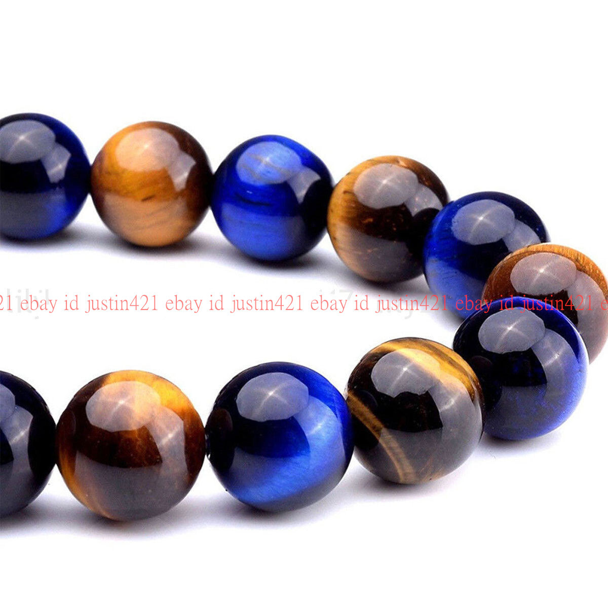 10mm Natural Red Yellow Blue Tigers Eye Gems Beads Elastic Bracelet 7.5”