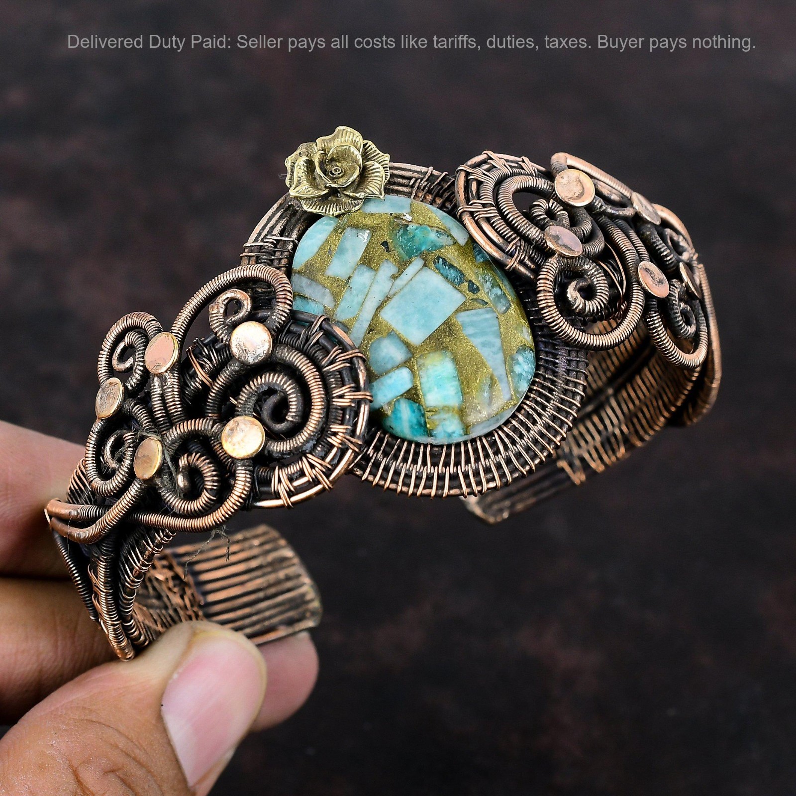 Copper Oval Copper Amazonite Gemstone Mother New Wire Wrapped Flower Bangle Cuff