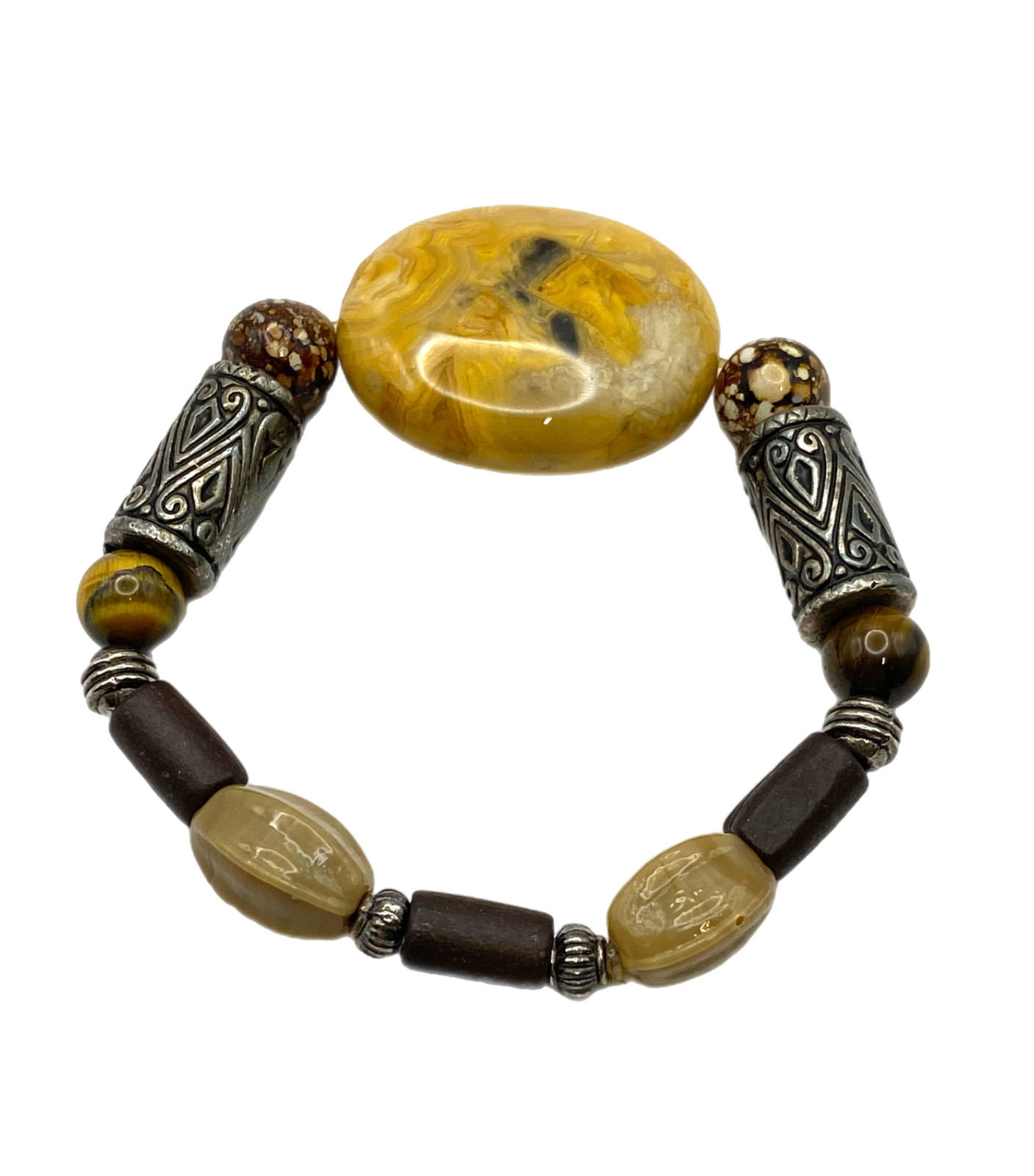 Tan Brown Orange Agate Tigers Eye Glass Stretch Bracelet Wood Beaded Silver Tone