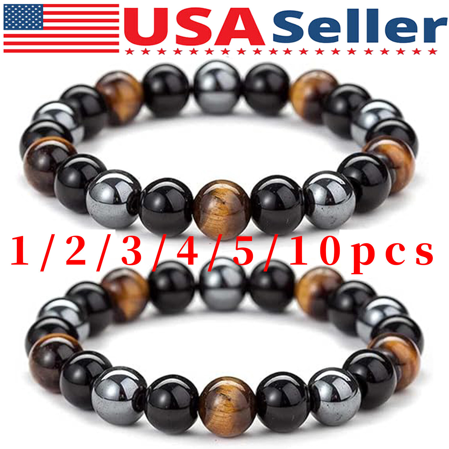 Natural Energy Healing Stretch Bracelet Stone Hematite Tiger Eye for Men Women