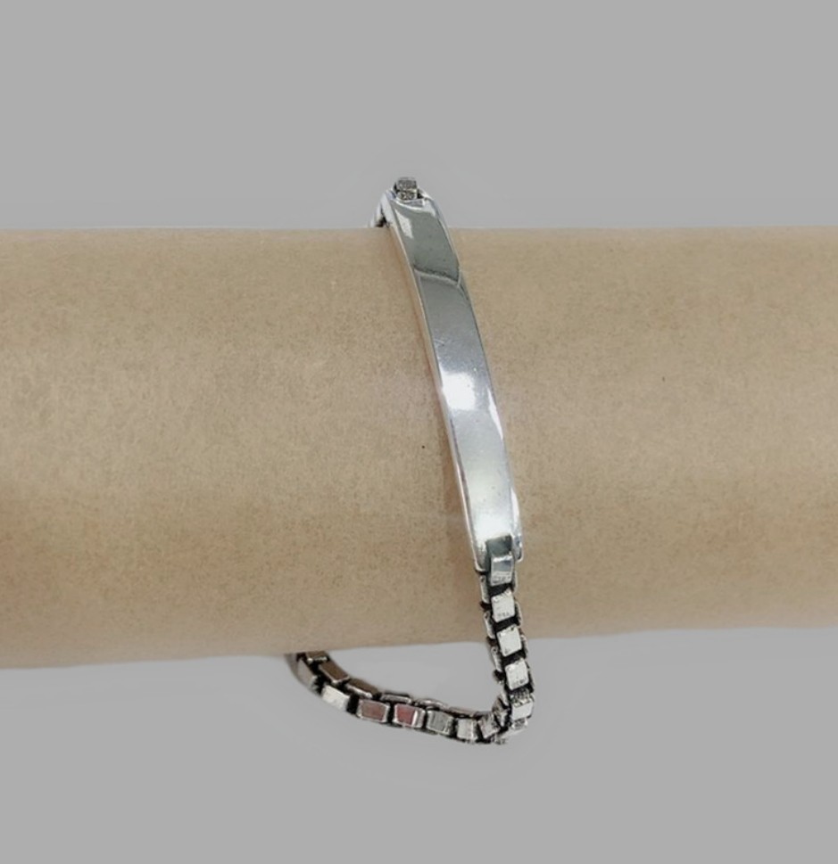 Silver Tone Box Chain Bar Charm Splice Bracelet Minimalist with Extension Chain