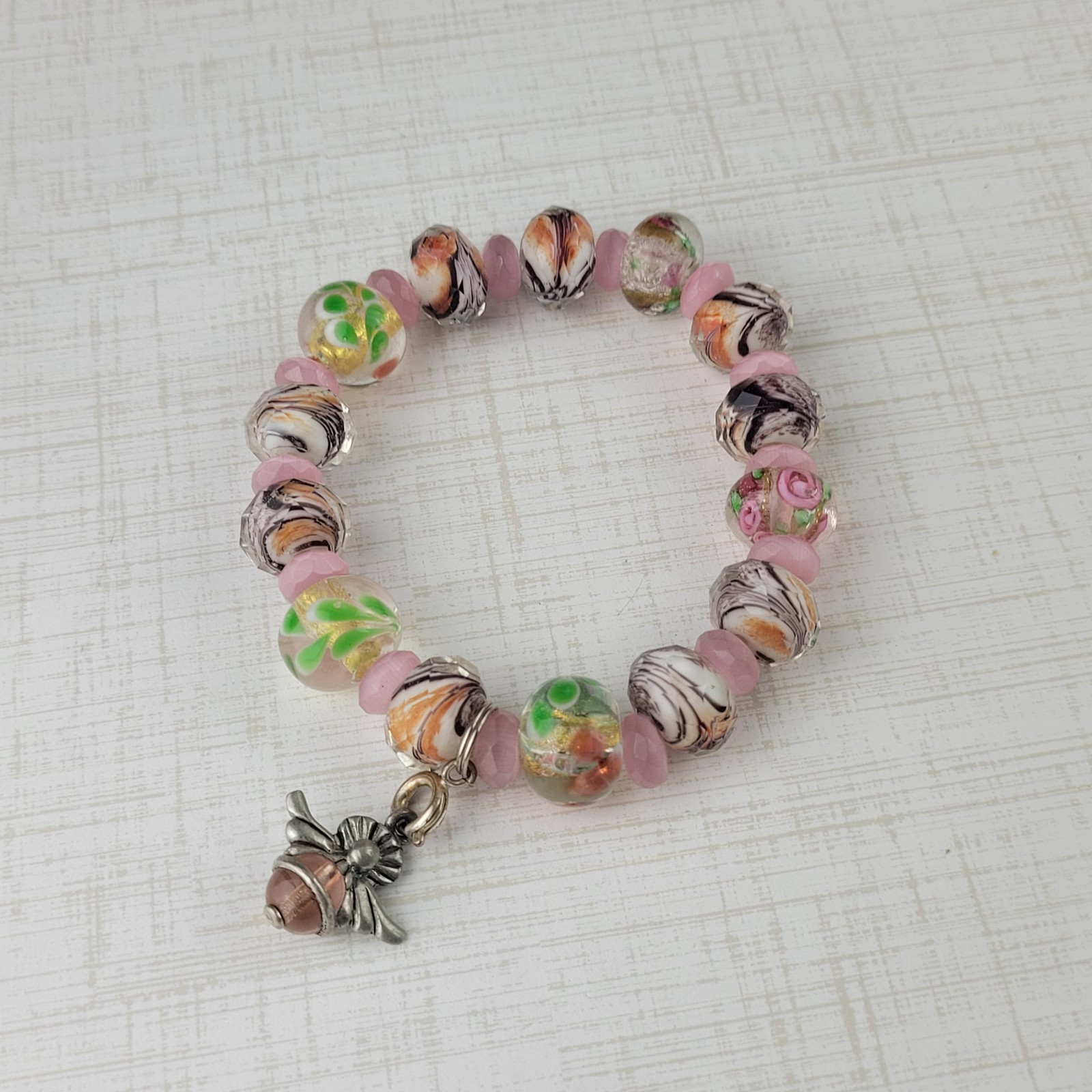 Art Glass Bead Angel Charm Bracelet Pink Black Multicolor Floral Stretch 7.5″