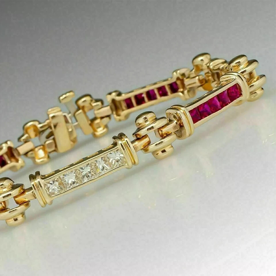 8.23 Ct Princess Simulated Ruby 14K Yellow Gold Plated Fancy Tennis Bracelet