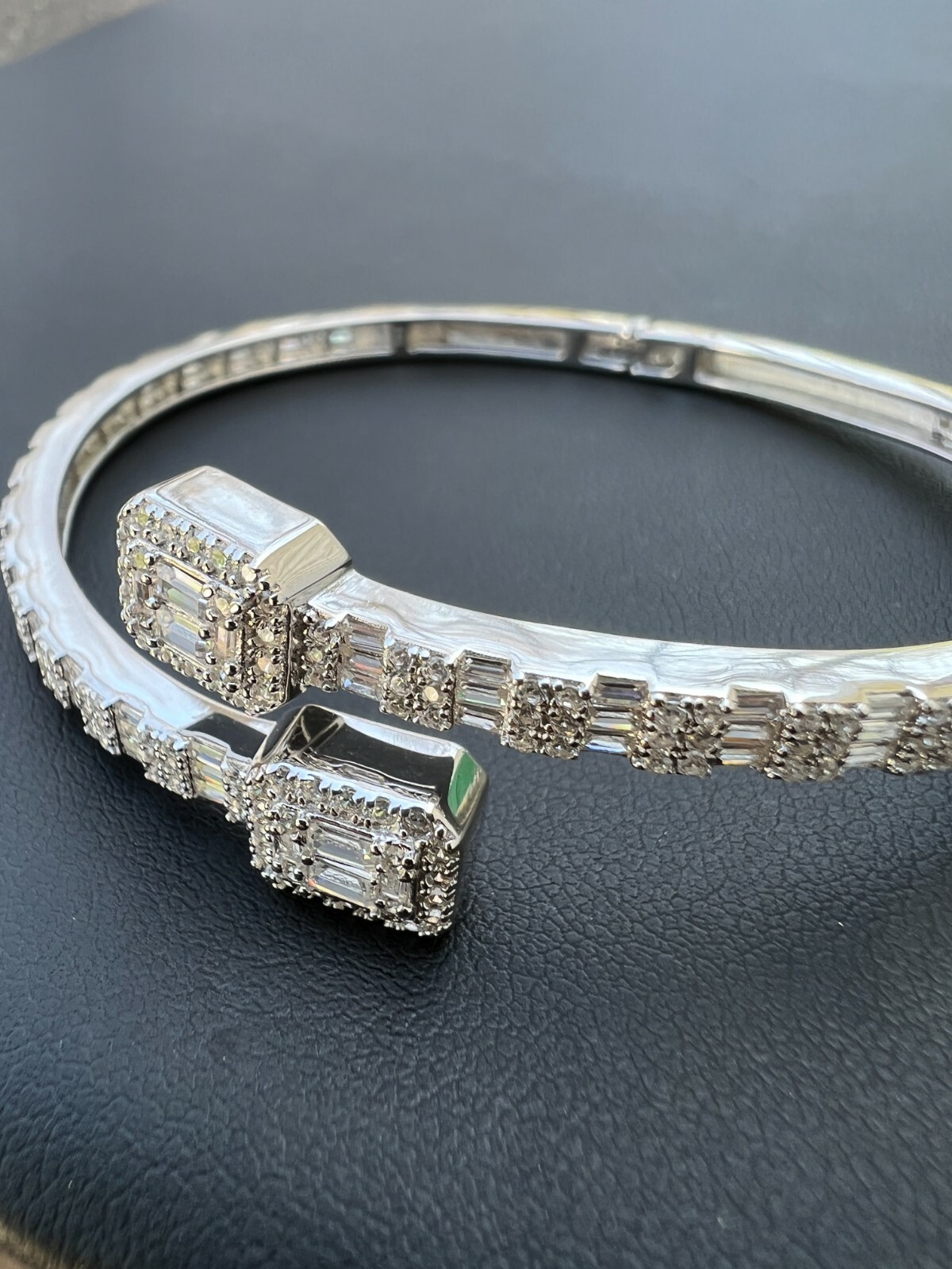Real Solid 925 Silver Iced Baguette Bangle Cuff Bracelet 6-7.5″ CZ