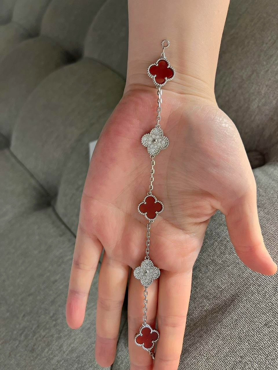 Stainless Steel 5-Motif Clover Bracelet – Alternating Red Enamel & Zircon Pavé