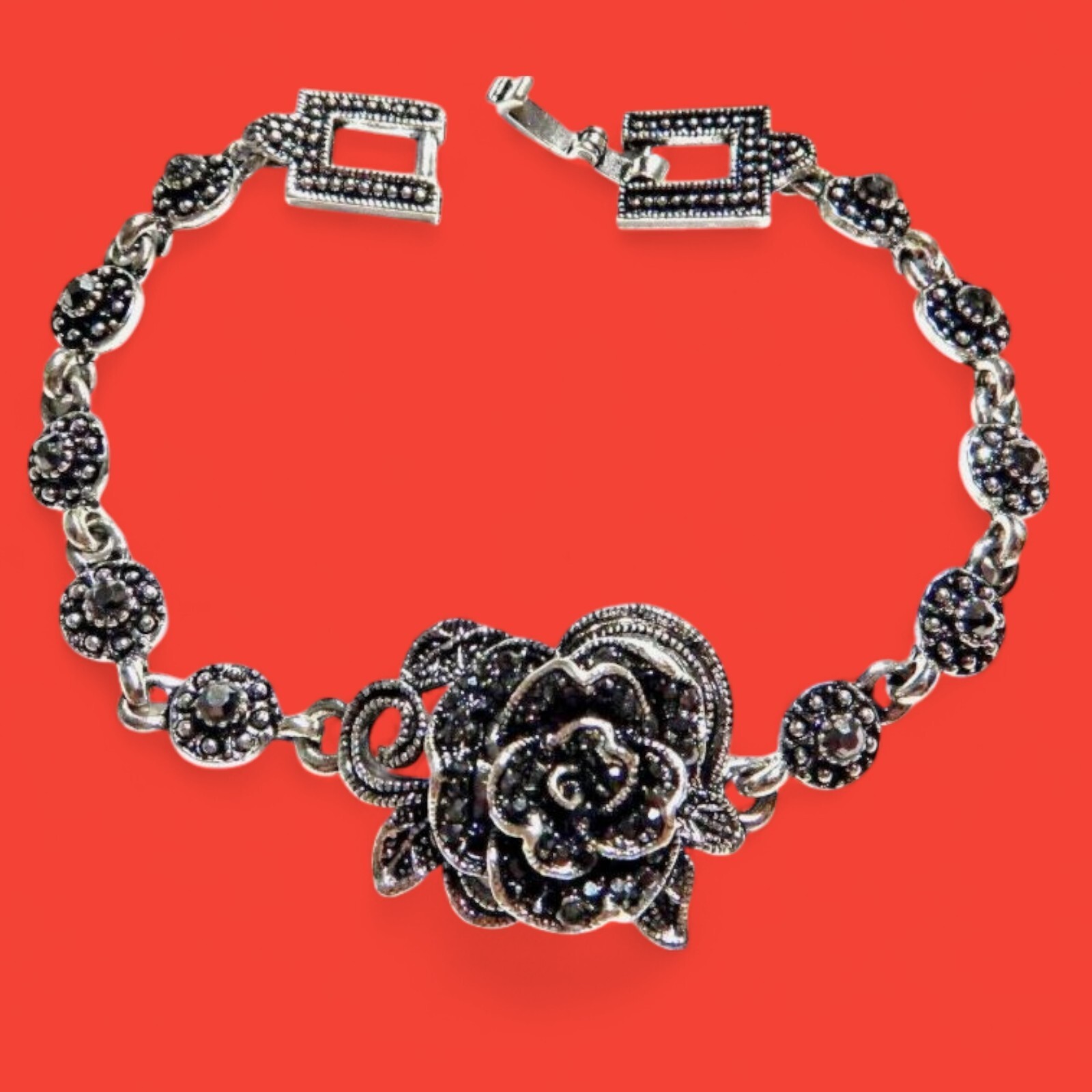GUNMETAL & SILVER TONE ROSE LINK BRACELET faux marcasite stone flower G5