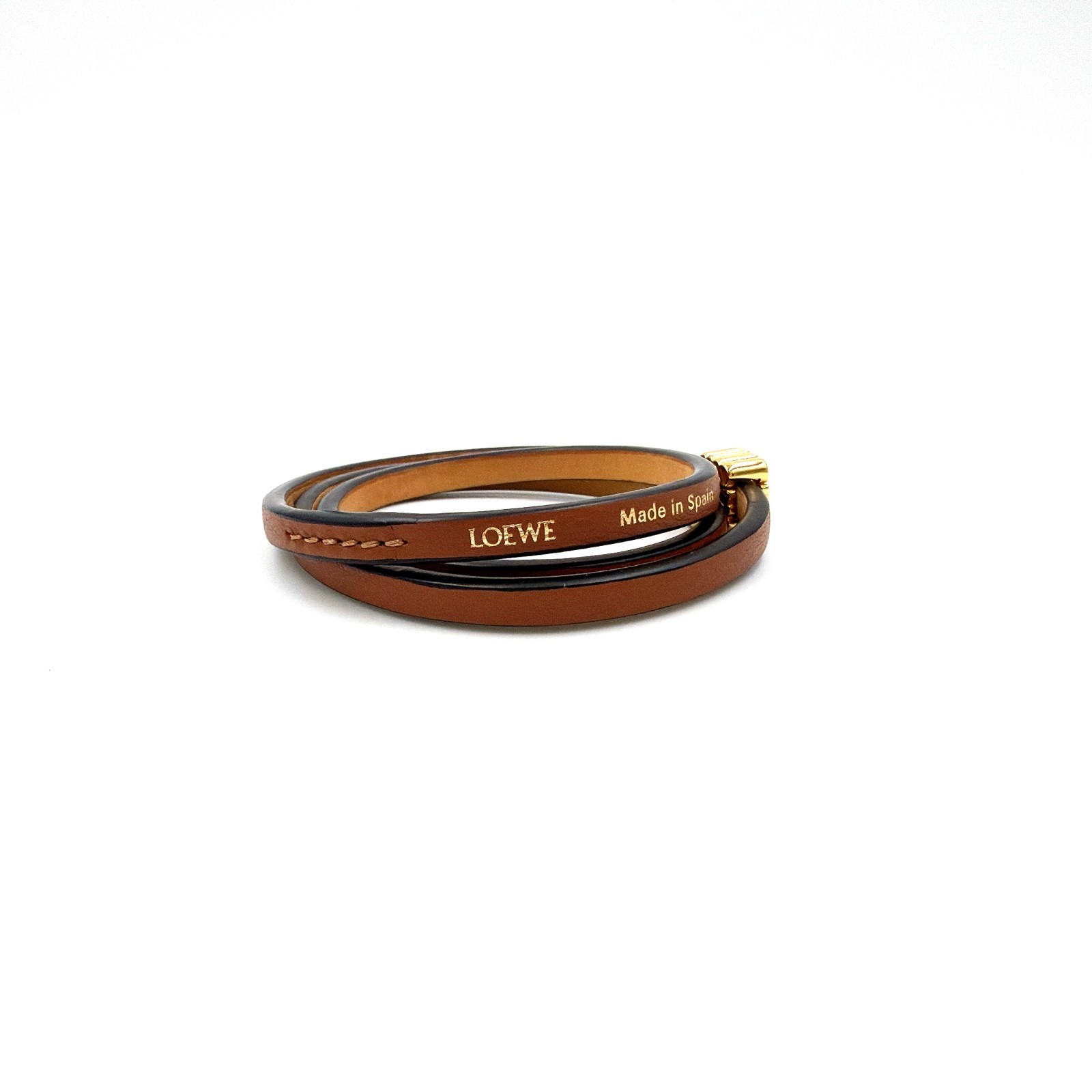 LOEWE Anagram Wrap Bracelet Brown Tan Leather Gold Plated Size M Spain Auth