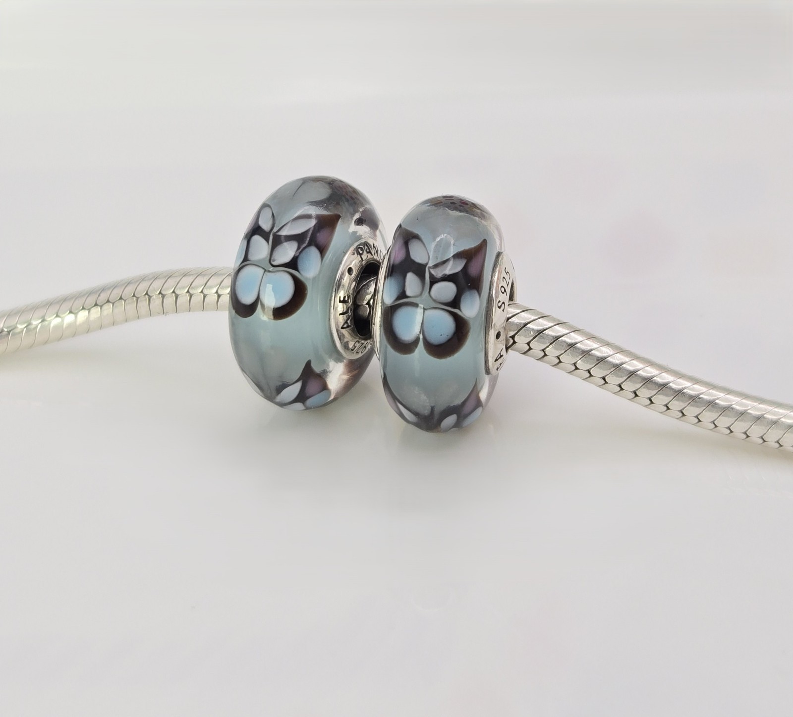 Authentic Pandora Pair of Blue Butterfly Kisses bug Charms Murano Glass