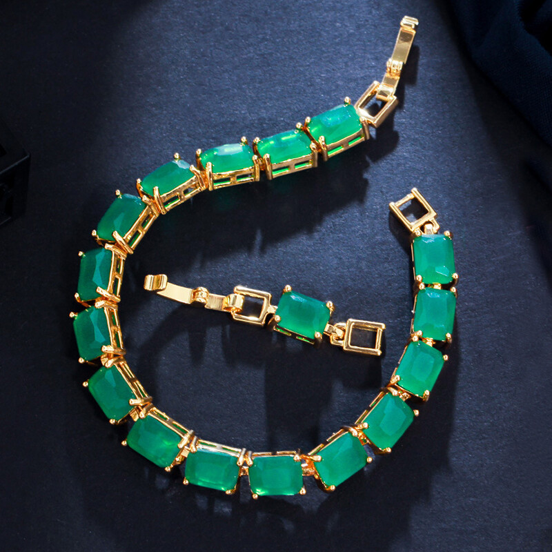 New Rectangle Shape Green Jade Citrine Gems Yellow Gold Chain Women Bracelets
