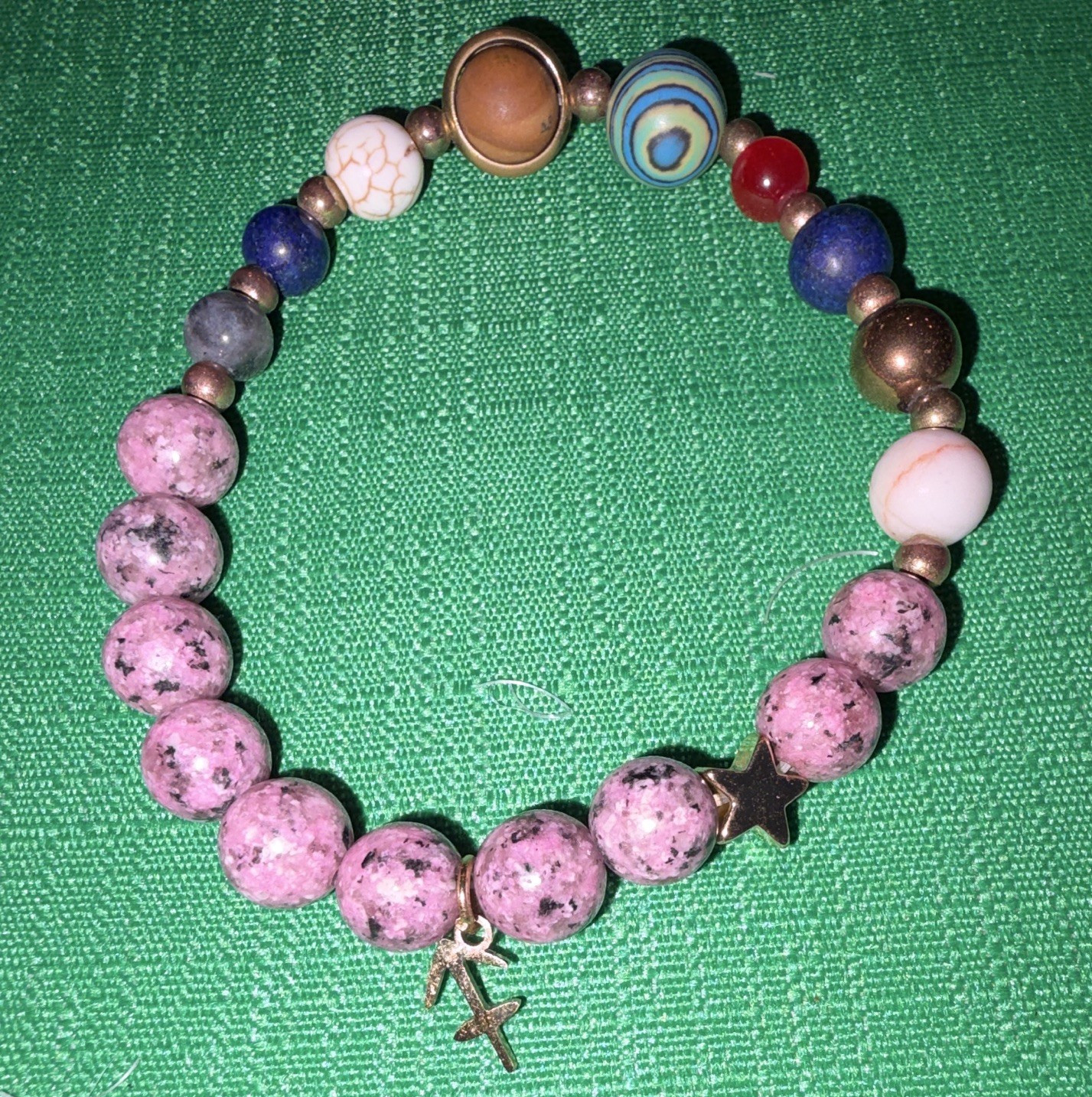 Multicolor Stone Metal Round Beaded Stretch Bracelet No Clasp Cross Star Anchor