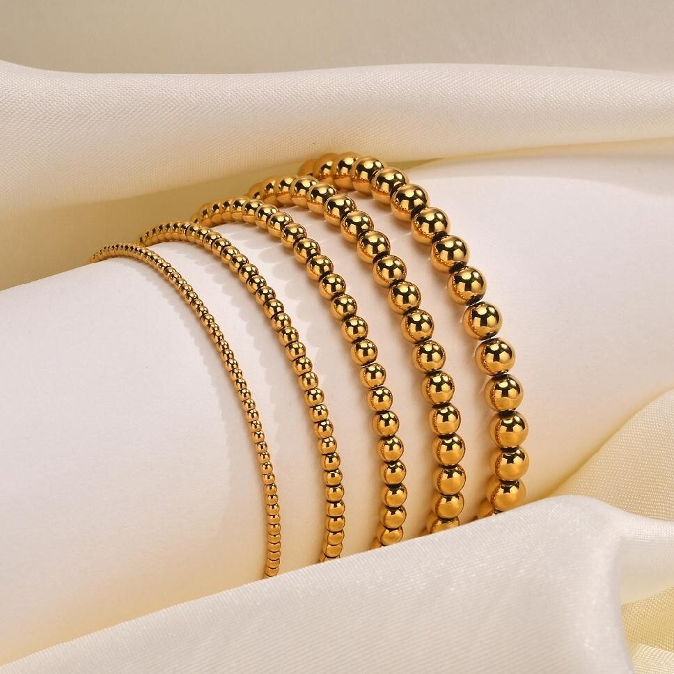 14K Gold Plated Stainless Steel Bracelet Bead Beaded Stretch Stacking 2-6mm T15