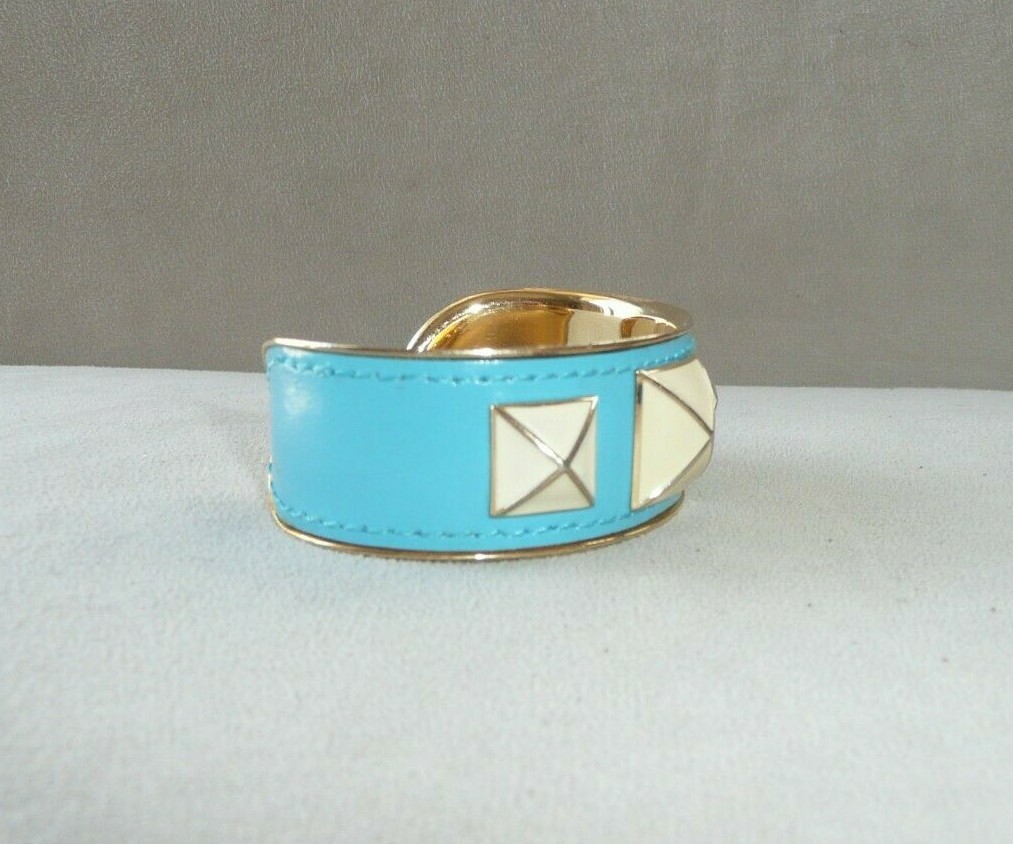 Rebecca Minkoff Blue Leather On Metal Cuff 3 Enamel Pyramid Studded Bracelet