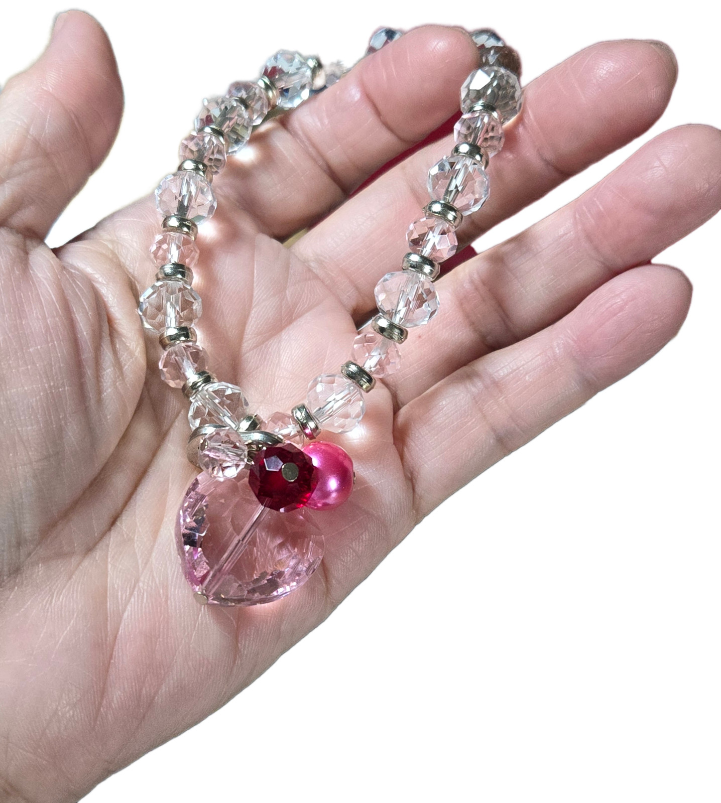 Heart Bracelet Pink Heart Gift for Woman LOVE Cluster Beaded Stretch Handmade