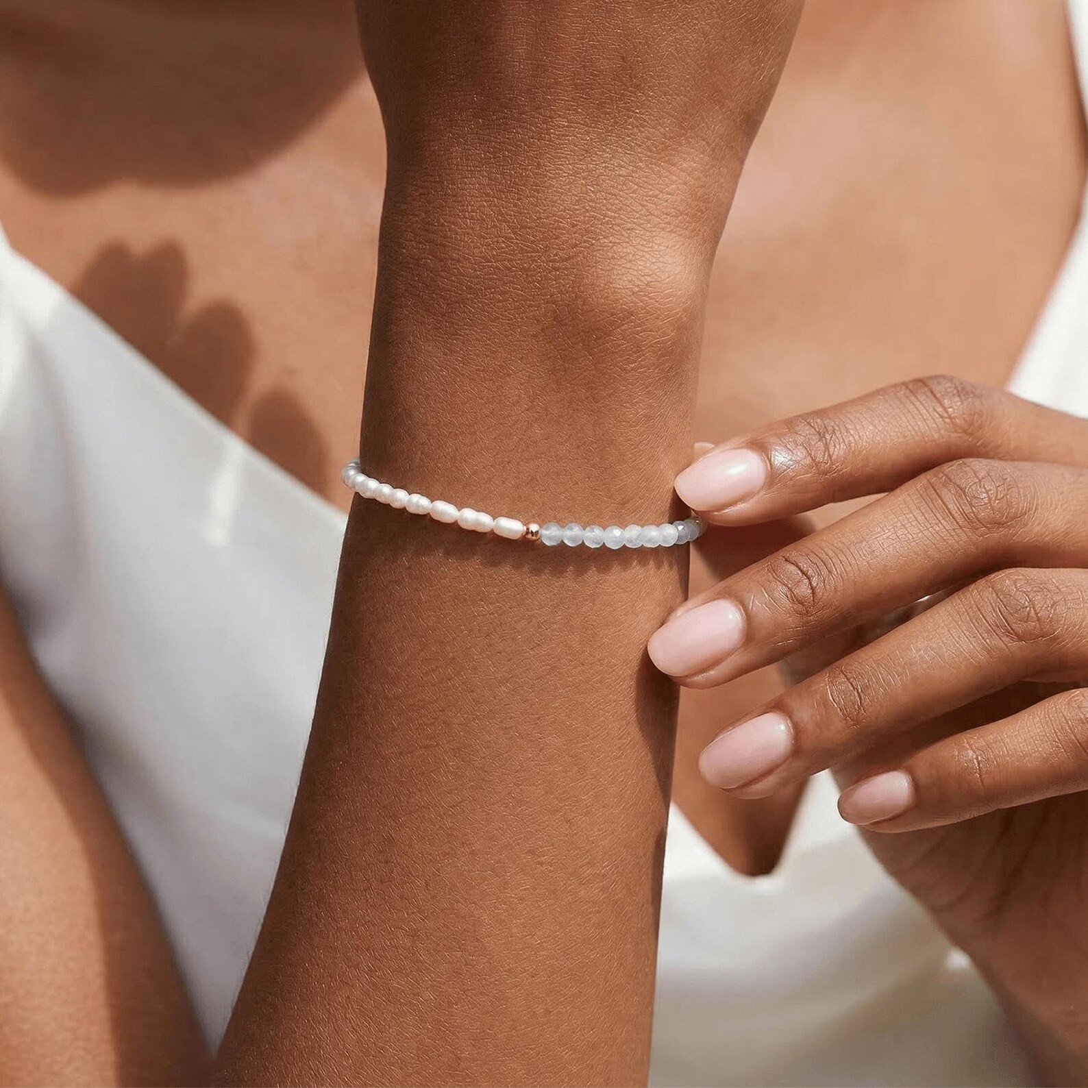 Dainty Aquamarine & Pearl Bracelet March Birthstone Gift for Her Handmade