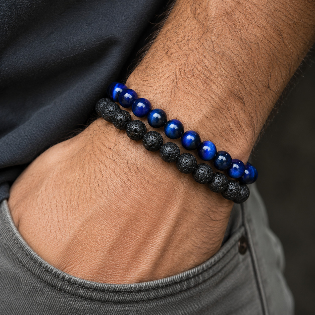 x2 Men’s Blue Tiger Eye & Black Lava Stone Beaded Bracelet Natural Gemstone 8mm