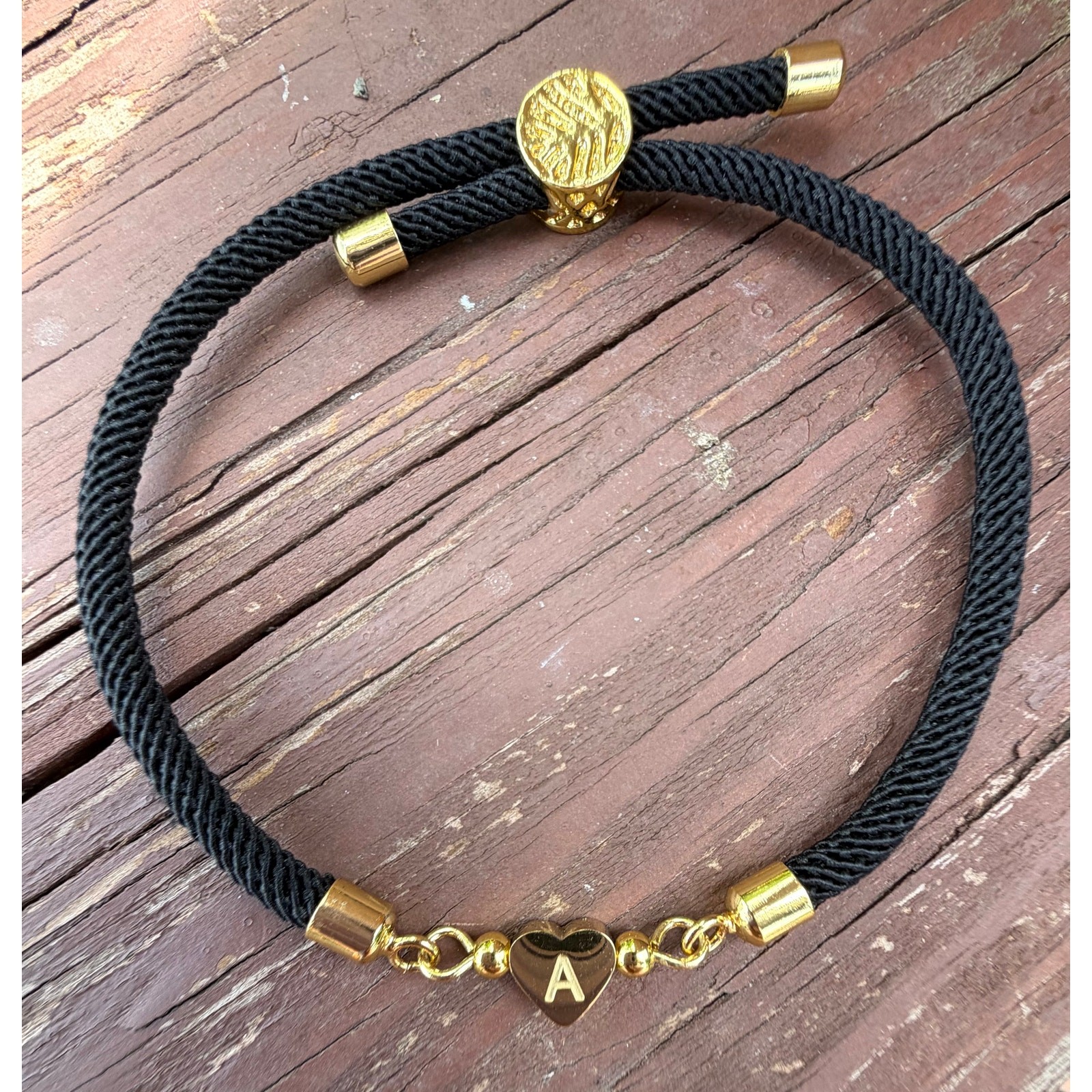 Black Rope Letter “A” Gold Heart Bead Bracelet Women Minimalist Adjustable