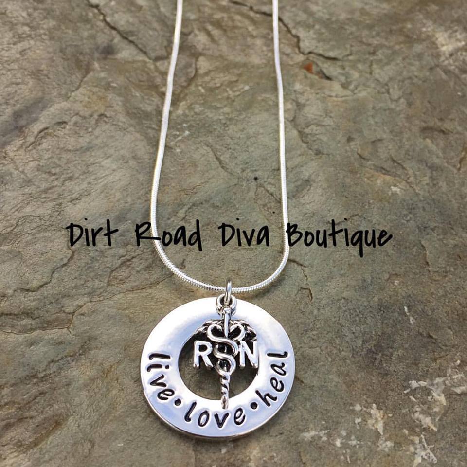 Nurse RN “LIVE LOVE HEAL Caduceus CHARM On 20” 925 Sterling Silver Stamped Chain