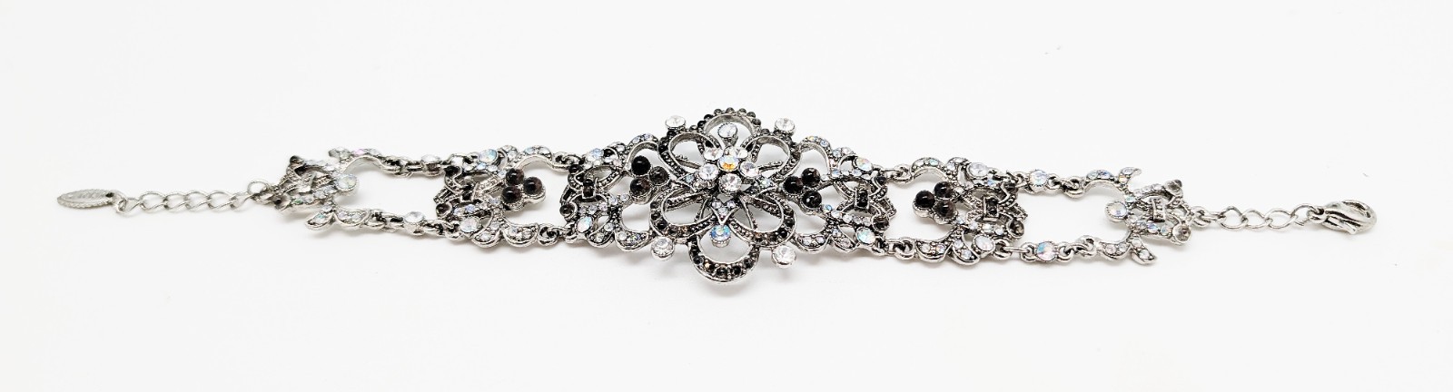 DESIGNER INSPIRED 8 in CLEAR & BLACK CRYSTAL FLORAL SILVER TONE BRACELET NEW