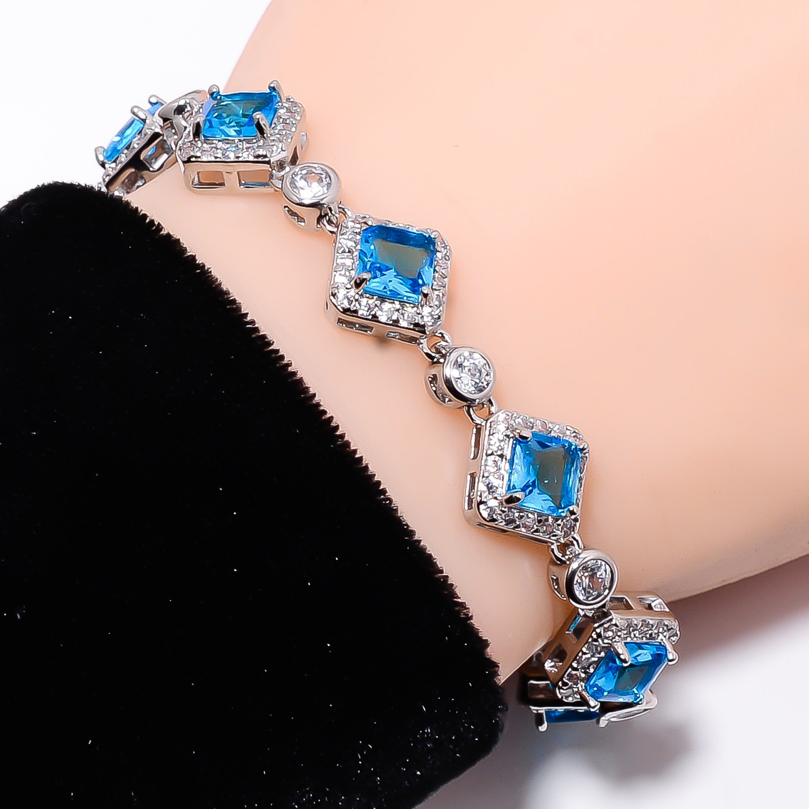 Blue Topaz, CZ 925 Sterling Silver Adjustable Bracelet 7-8″ B141130