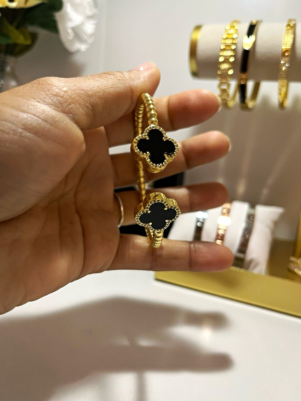 Gold-Tone Beaded Ball Chain Cuff Bracelet with Black Clover Ends Stackable