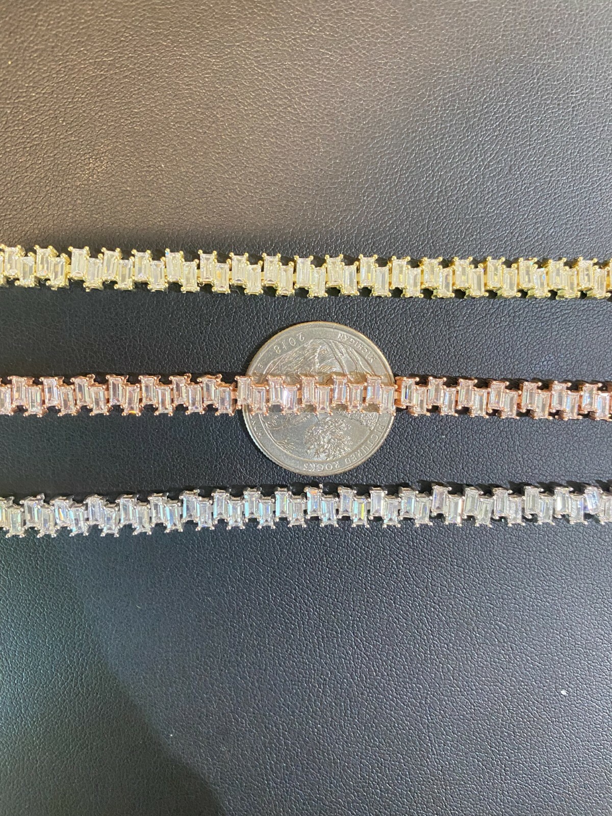 Real 925 Silver Yellow Rose Gold Plated Baguette Tennis CZ Ladies Bracelet 6mm