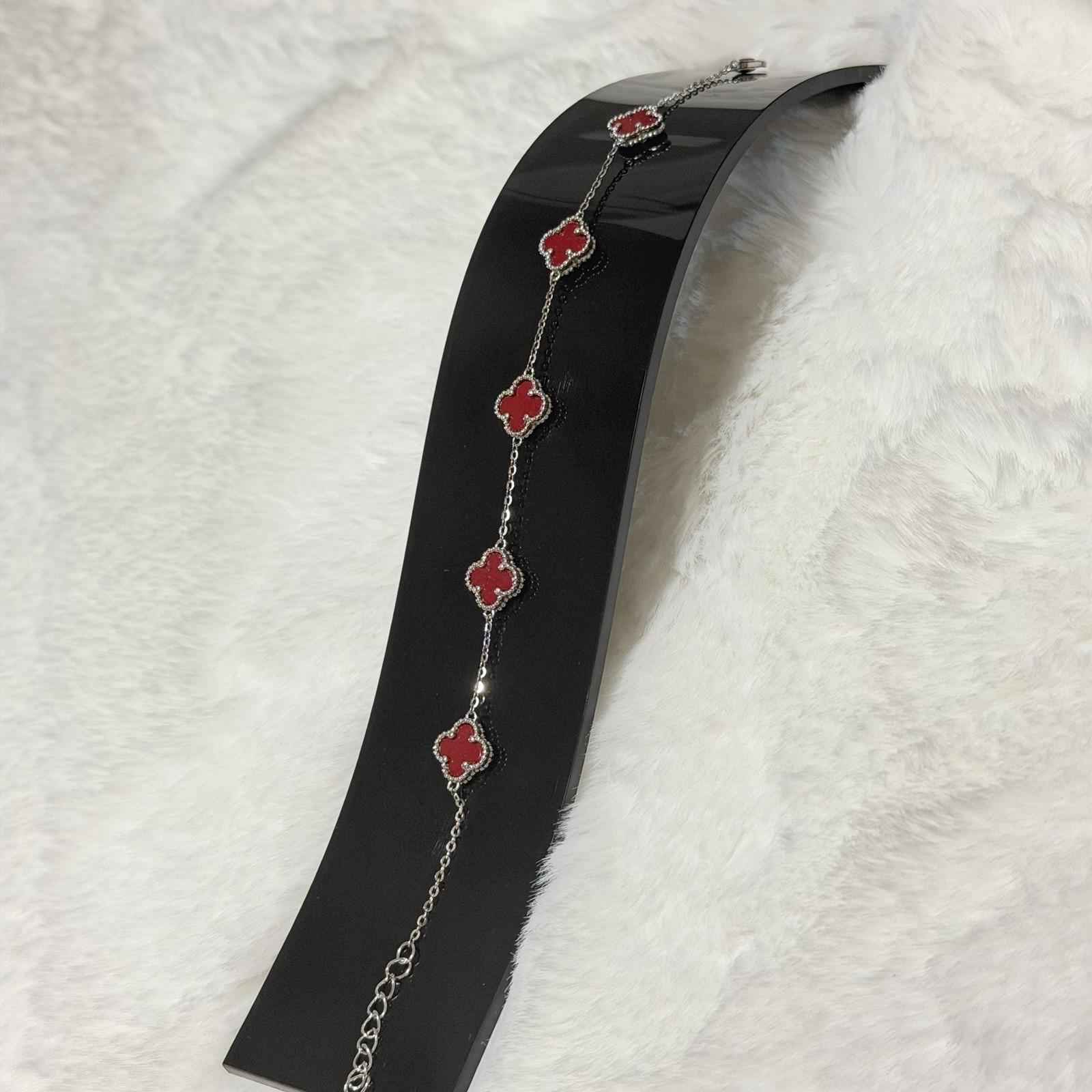 925 Sterling Silver Bracelet Red Clover Adjustable