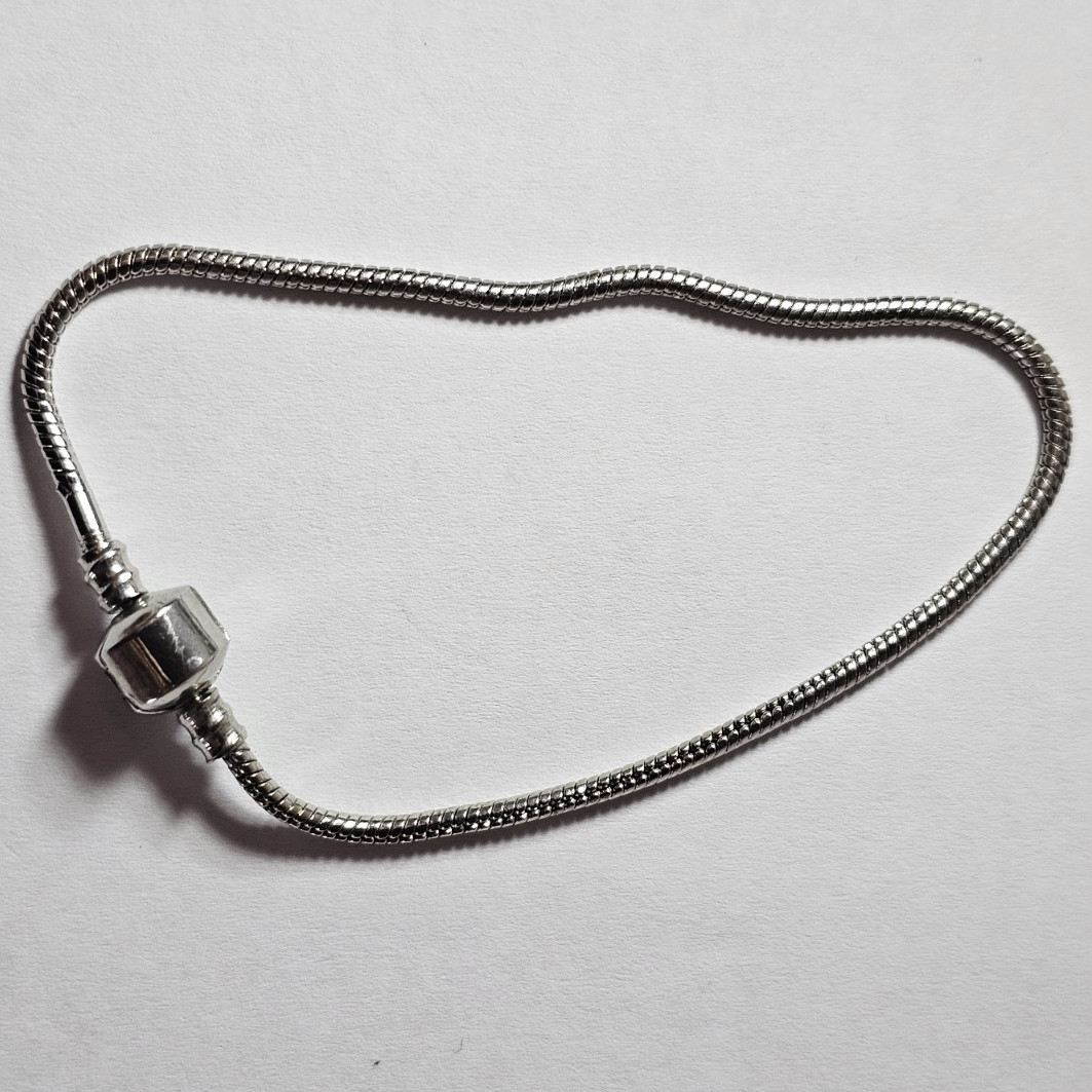 Silver Tone Snake Chain European Charm Bracelet, Barrel Clasp, No Stone