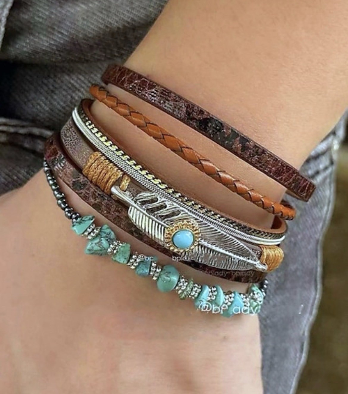 Southwestern Style Layered Cuff Bracelet Turquoise Mixed Metals Brown Leather