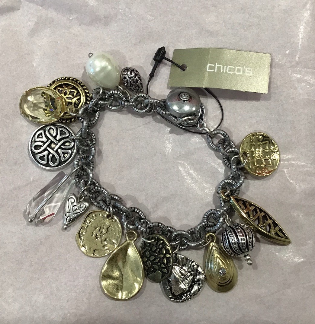 NWT~ Chico’s Charm Bracelet Silver Gold Coin Beads Crystals Magnetic Closure