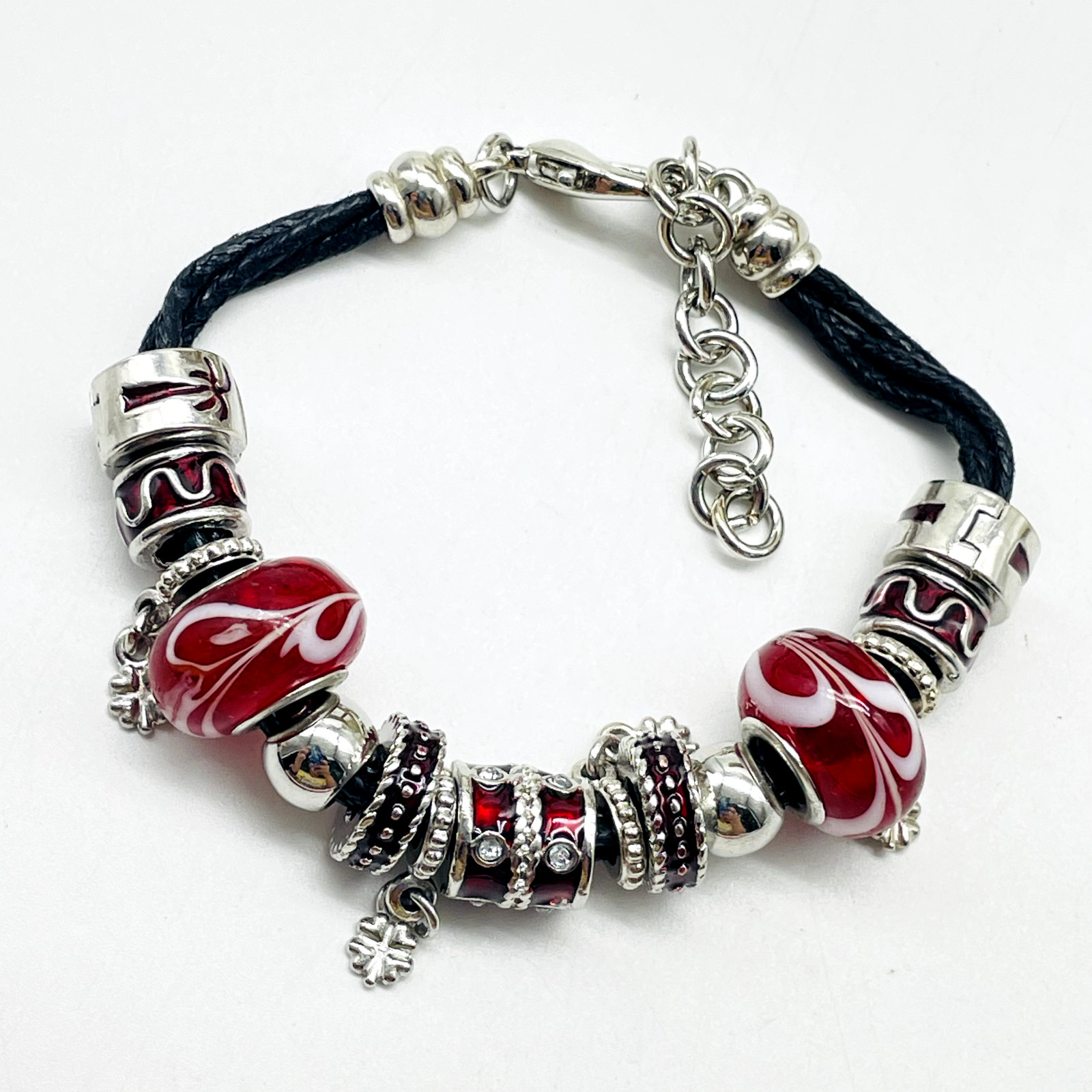 Beaded Slide Bead Bracelet Silver Tone Faux Leather Red Enamel Boho Festival