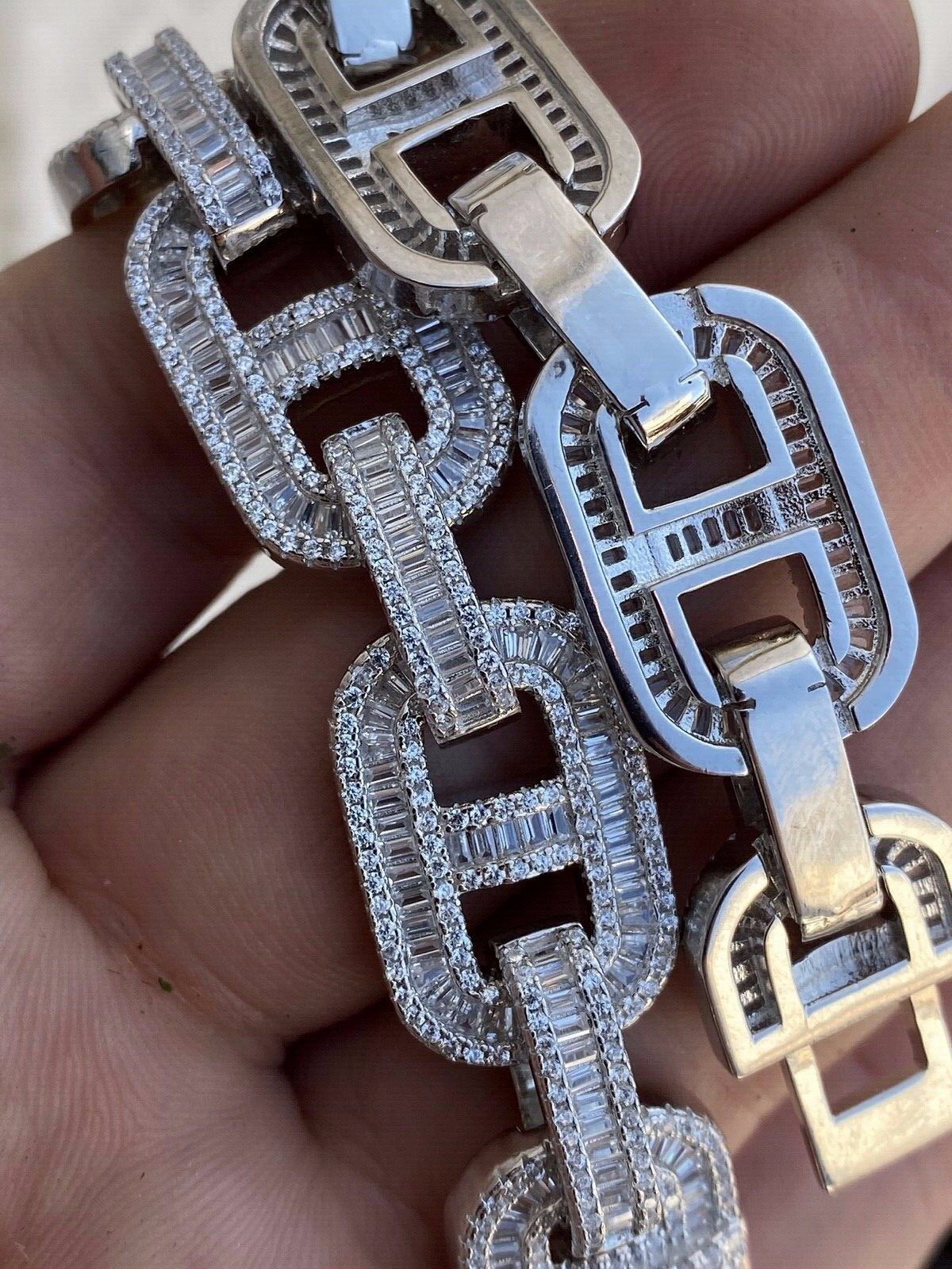 Men’s Solid 925 Silver Baguette Gucci Link Bracelet CZ Thick Flooded Out 15mm