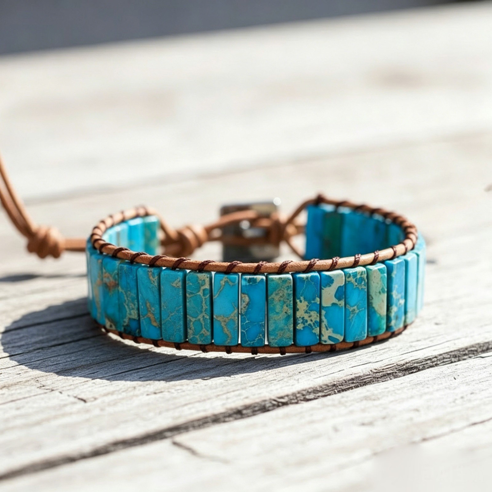Natural Blue Turquoise Tube Stone Bracelet Leather Braided Healing Copper Wrap
