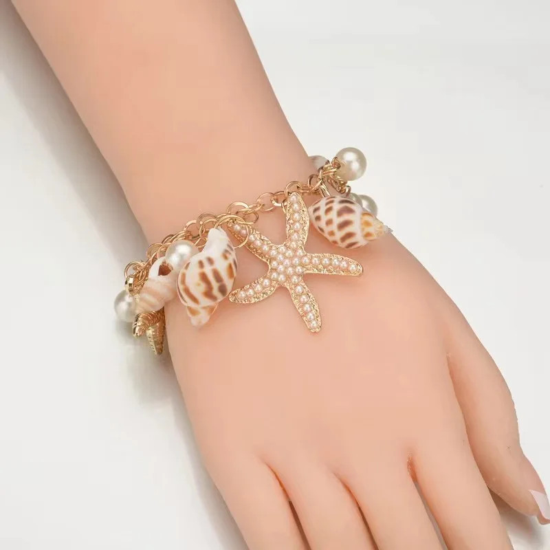 Gold Color Metal Starfish Conch Charm Women Bracelet Imitation Pearl Natural