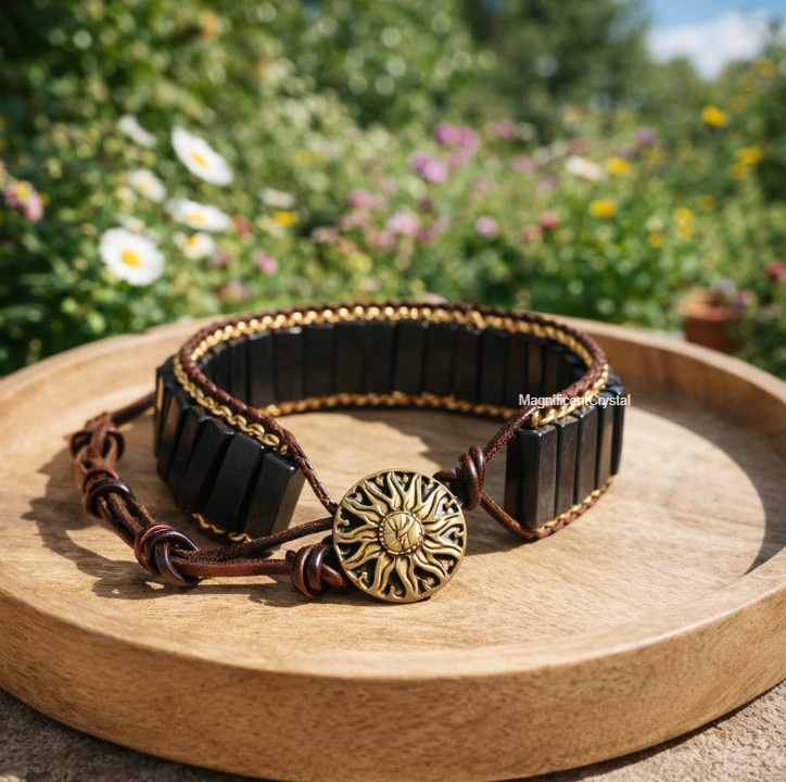 Black Obsidian Bracelet Leather Braided Protection & Strength Talisman Jewelry