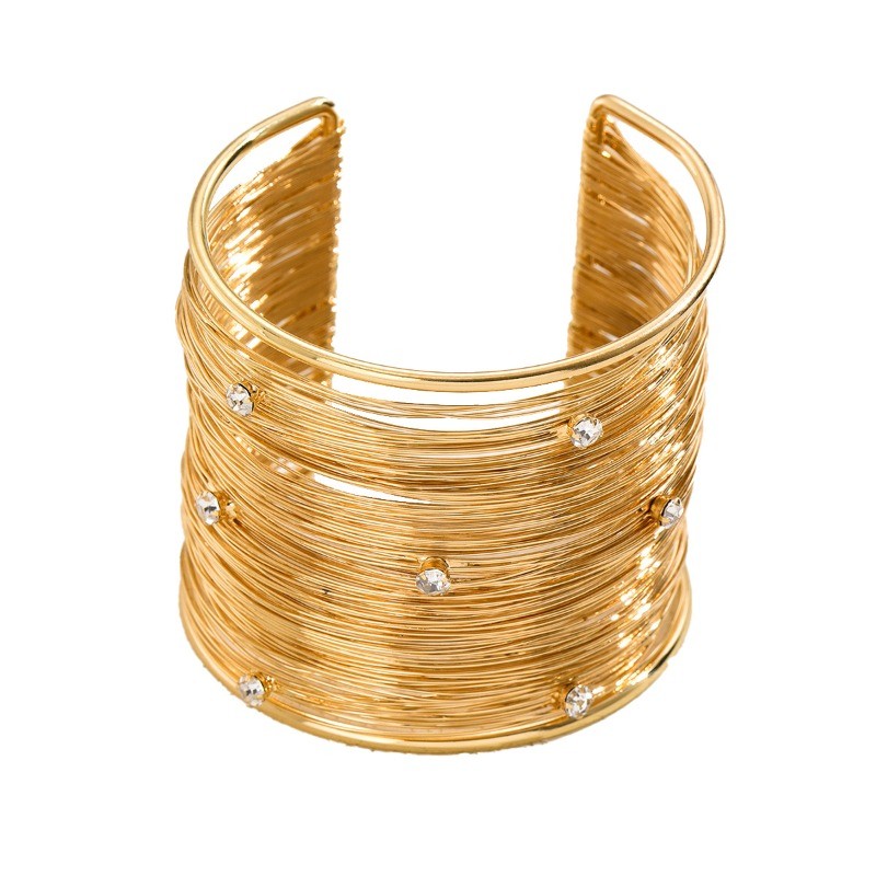 Women’s Golden Open-End Wide Bangle Zinc Alloy Zircon Embellishment Bracelet