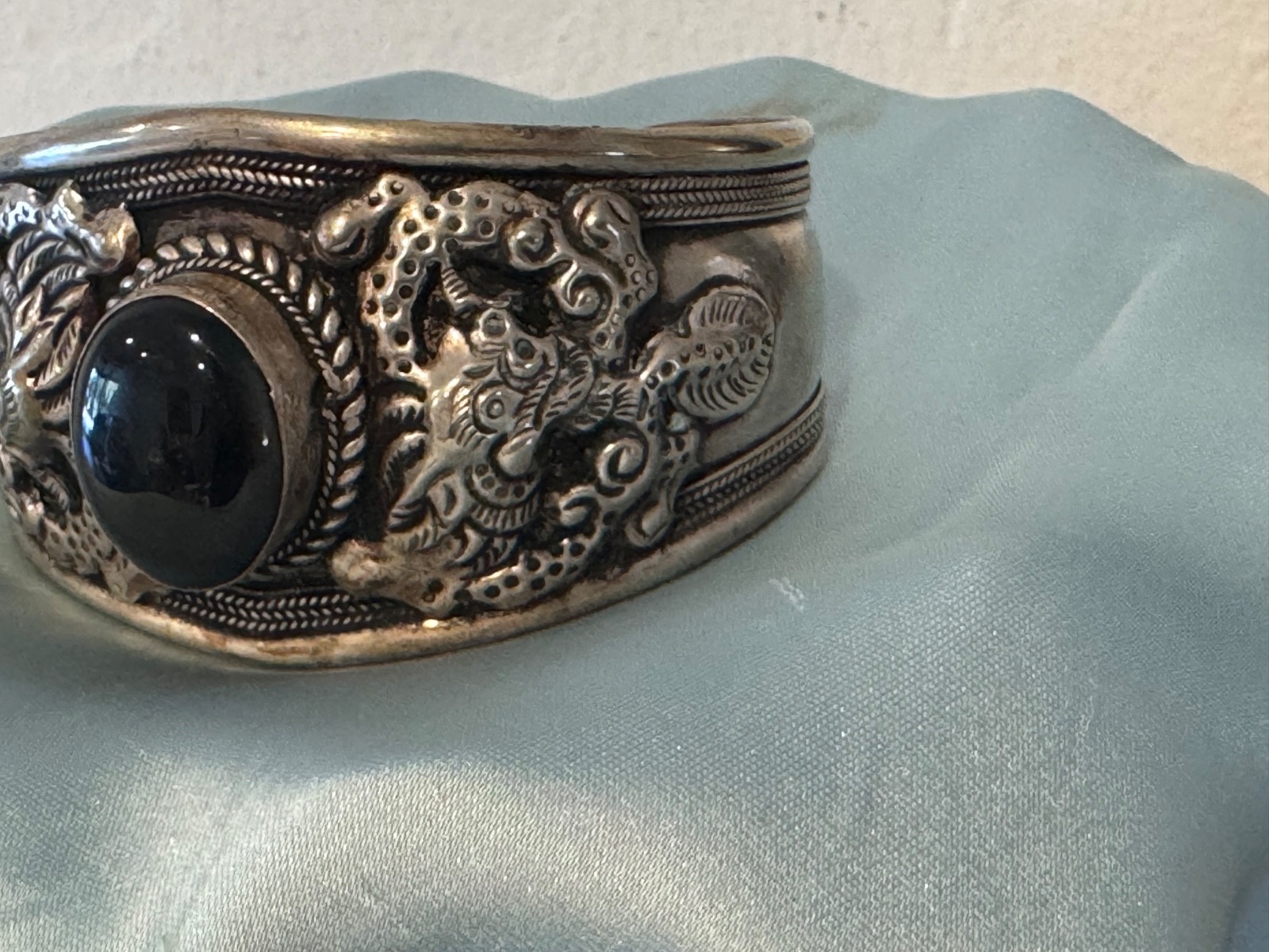 Cuff Bracelet Tibetan Nepal Silver Plated Embossed Dragons Onyx Oval Stone