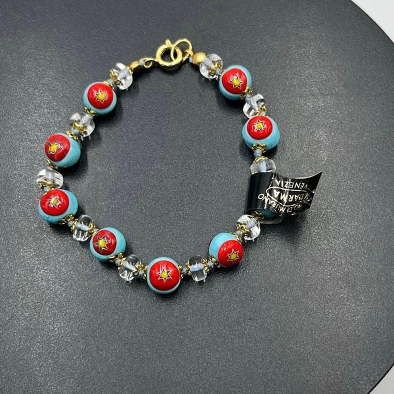 Darma Veiro Murano Venezia Italian Blue Red Glass Yellow Star Bracelet New