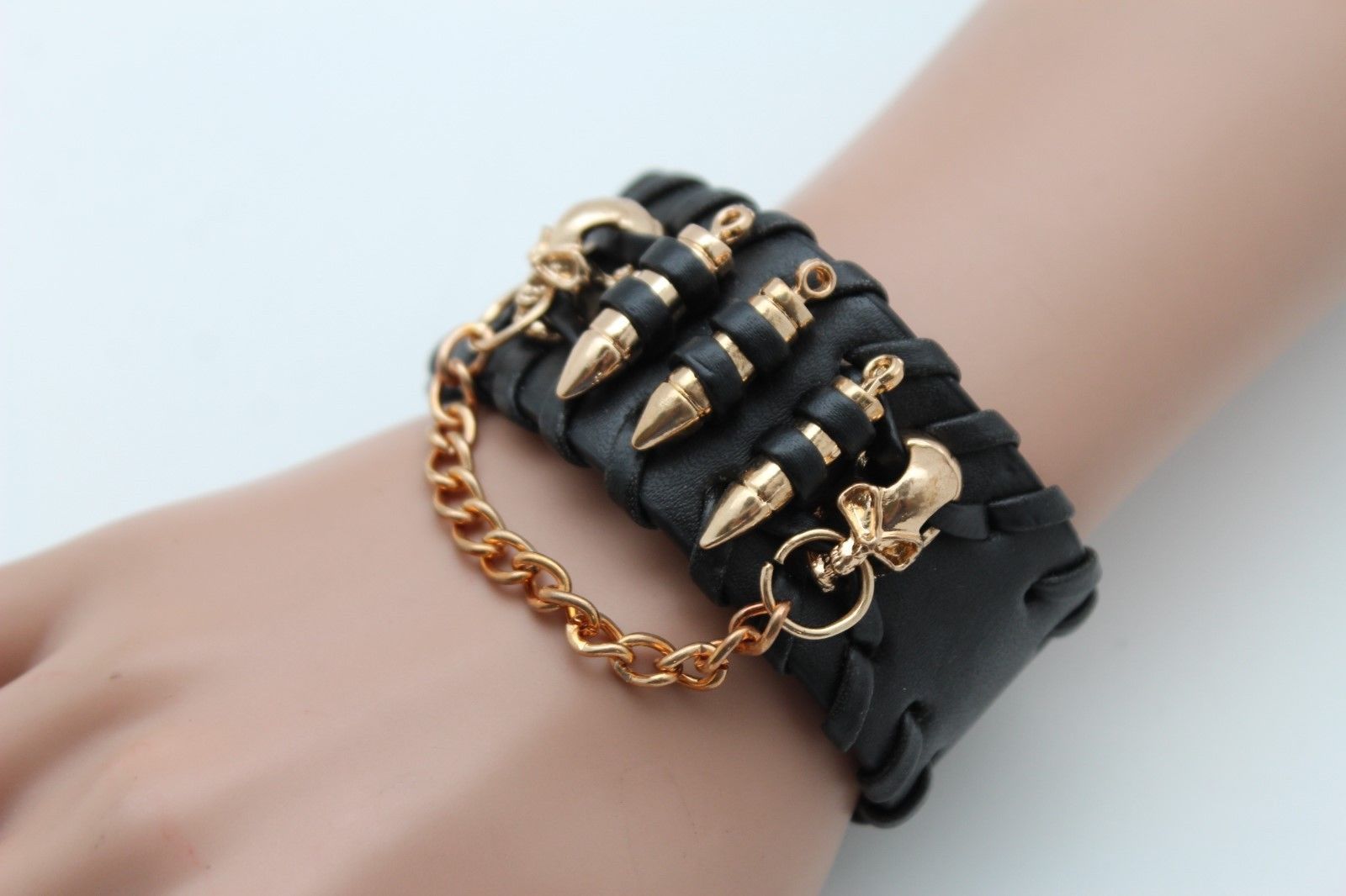 Women Black Faux Leather Bracelet Fashion Gold Metal Chain Mini Skull Bullet Gun