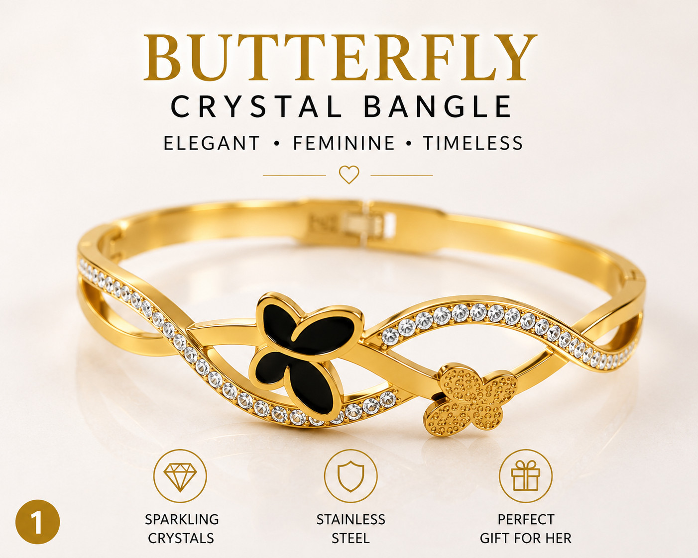 Gold Butterfly Crystal Bracelet Stainless Steel Engravable Bangle for Her