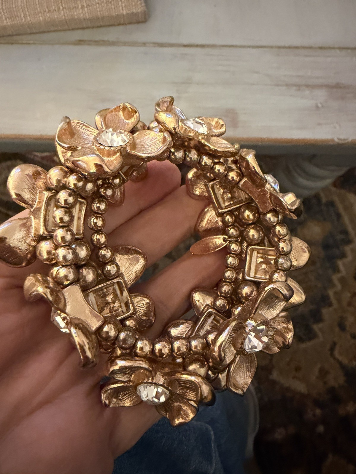 Gold Tone Flower Cuff Bracelet with Clear Crystal Centers, Bezel, Stackable