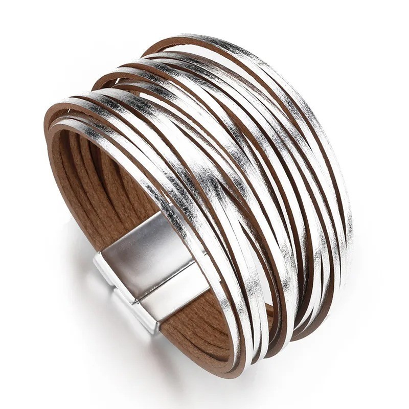 Wrap Boho Bracelet Multilayer PU Leather Slim Magnetic ClaspStripe Women Jewelry