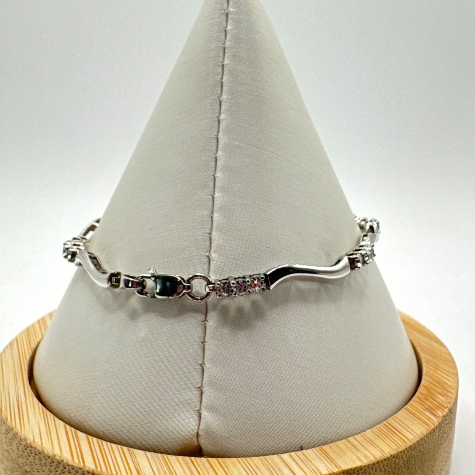 Vintage 925 Sterling Silver Wave Link Bracelet 3-Stone Cluster Clear CZ Accents