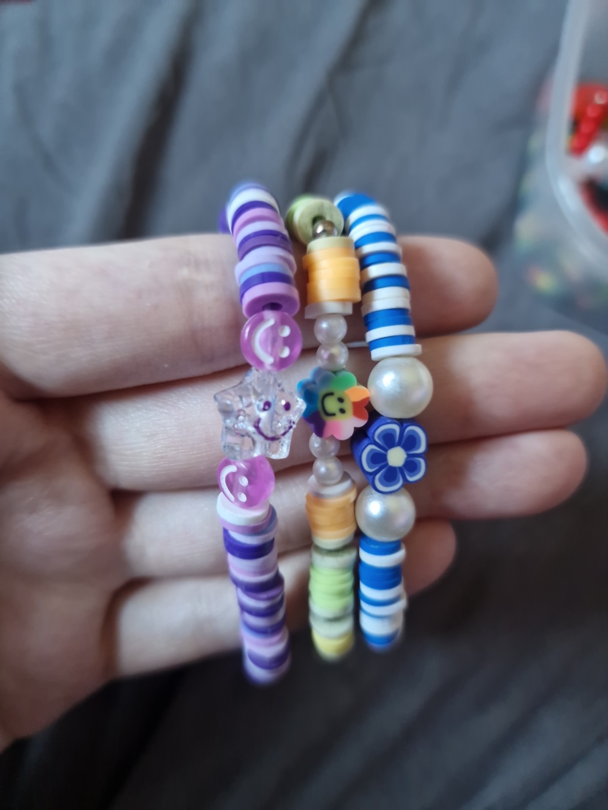 3x Handmade Multicoloured Flowers And Star Beaded Bracelets With Pearls For Kids