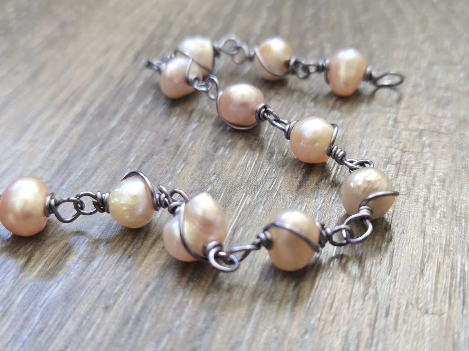 New pearl oxidized silver plated double wire wrap handmade bracelet, 8in, 8.42g